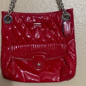 Coach Quilted Red Patent Leather Shoulder Bag with Silver Chain Straps
